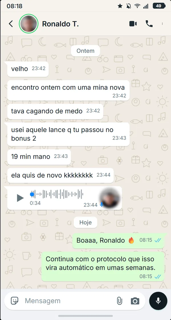 Print de WhatsApp: aluno relata 19 minutos num encontro novo e que ela quis de novo